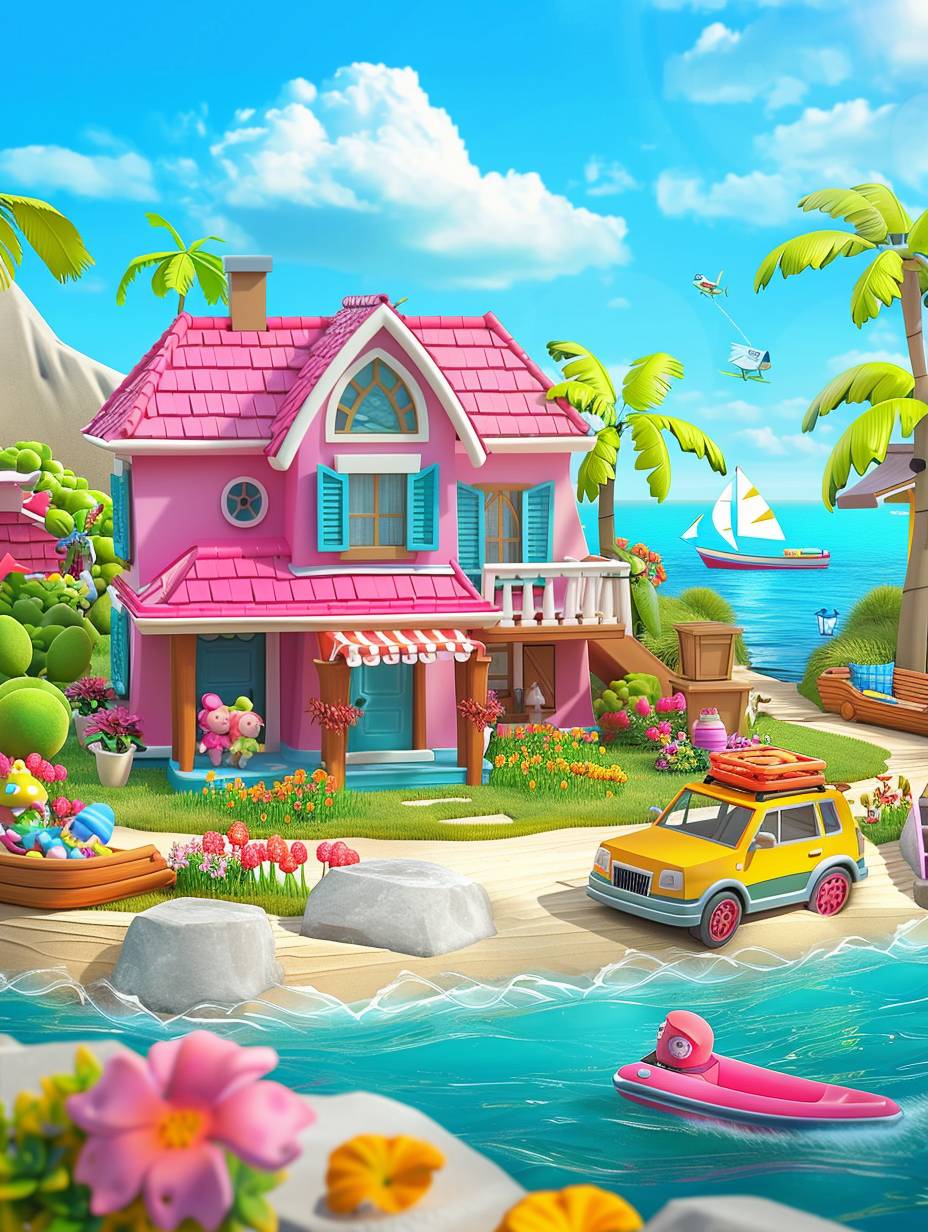 Game design, UI interface, cartoon style game scene with a yacht and car on the beach in front of a villa house, next to it is an island full of toys and dolls, pink walls and roof, blue sky, colorful flowers around the yard, a boat floating at sea behind, Pixar mobile games, cartoon style, bright colors, 3D rendering, high resolution, high detail, high quality, in the style of Pixar.