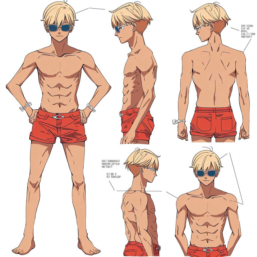 A character design sheet of an anime [male lifeguard with short, sun-bleached hair, wearing sunglasses and a red lifeguard outfit], in different poses, front view, side view, and back view, [red] pencil sketch on a white background, concept drawing, simple lines, flat colors, hand-drawn style with simple lines on a white background, character concept art, mesh base --v 6.0