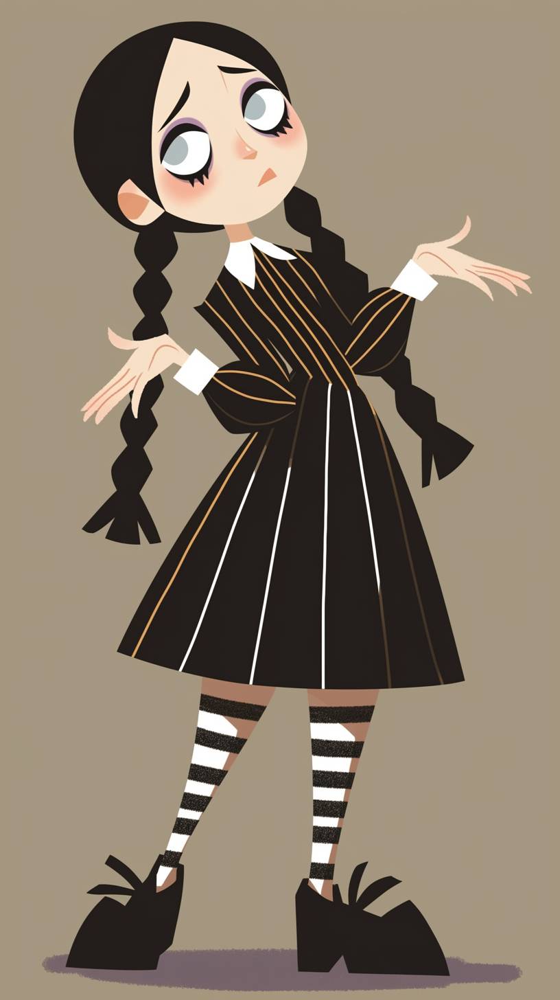 A simple drawing of Wednesday Addams, in the style of Allie Brosh with simple lines, flat colors and a stick figure, set against a minimalistic and simple background.