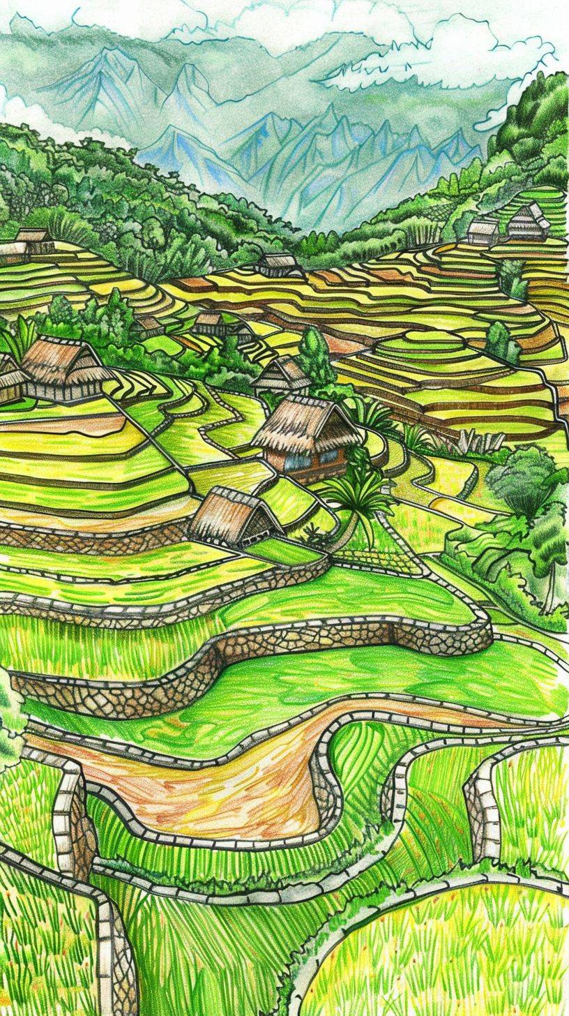 Drawing rice fields in terrasses in the Philippines. Line drawing, clean clear lines, coloring book style, bright colors, intricate details, elegant, discreet, serene, magical, peaceful, fine detail, pastel pencils, Winsor McCay style.