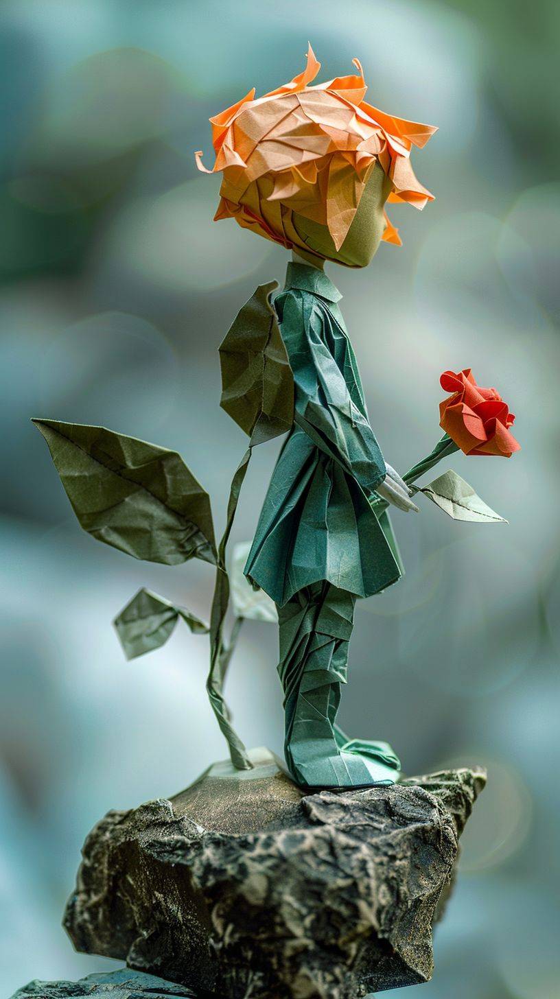 The little prince and the red rose, yellow hair, blue or green clothes, origami art, photo taken with Nikon D750, inventive character designs, Chinapunk, taxidermy, fluorescent colors, paper sculptures