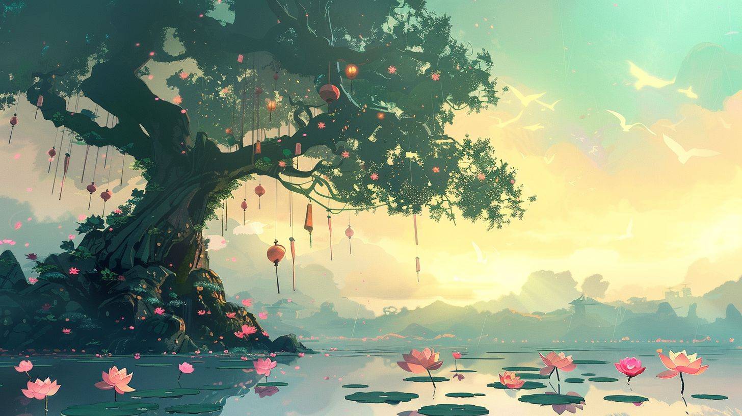 A Chinese style landscape painting of an ancient tree with lotus flowers and lanterns hanging on it, surrounded by water lilies in the pond below. The sky is a light blue and yellow gradient, with pink raindrops falling from above. It features soft colors, traditional animation techniques, flat illustrations, high definition, and a distant view. A fantasy scene with an ethereal and dreamy atmosphere.