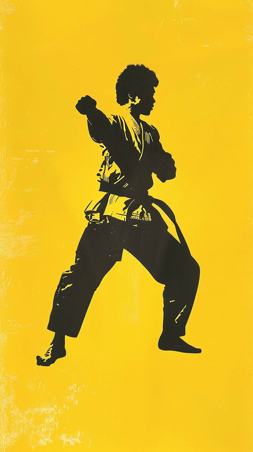 Set against a solid yellow background, at its center, the silhouette of a 1970s-era Black martial artist.