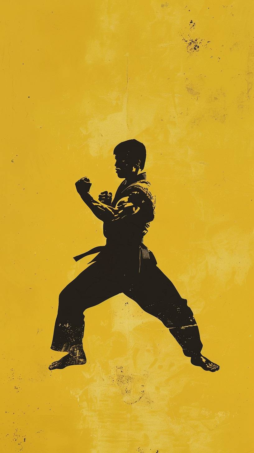 Set against a solid yellow background, at its center, the silhouette of a 1970s-era Black martial artist.