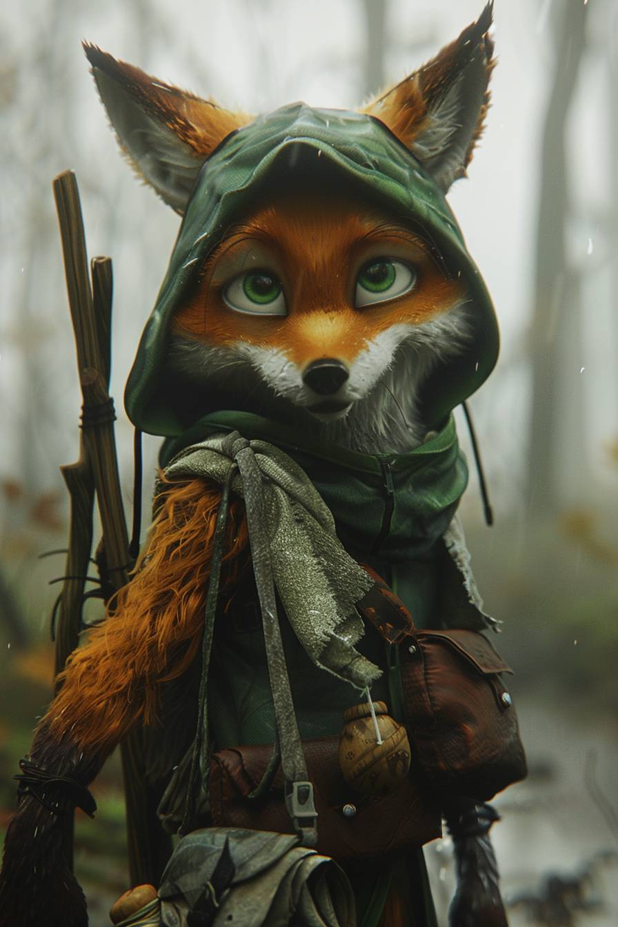 Anthropomorphic furry fox, wearing green hood and shirt, 2D animation screen grab, fantasy, cartoon style, carrying bag and wood stick lamp, forest, foggy, medium shot