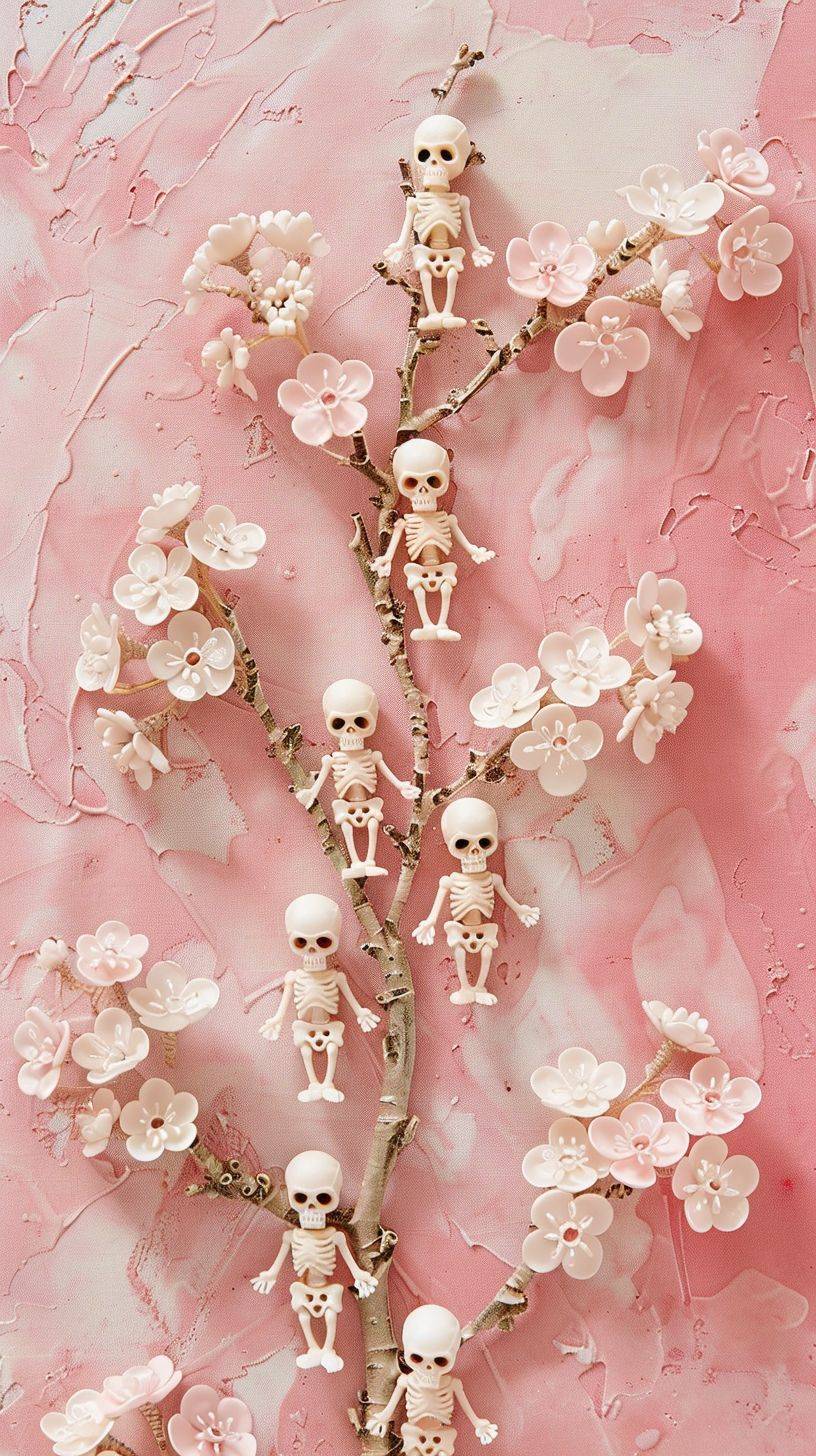 7 tiny white Skeletons evenly spaced, embroidery art, wildflowers flowers, small florals, Mini Skeletons smaller than the flowers, pattern --chaos 30 --aspect ratio 9:16