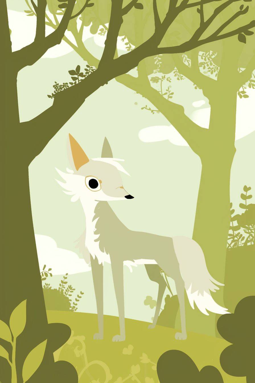 [あなたの動物を選ぶ]トレイシー・グリムウッド風の森の中で立っています。背景は淡い緑色で、柔らかな雰囲気を作り出しています。それは切れ長の特徴を持っており、神秘的で可愛らしい外見となっています。