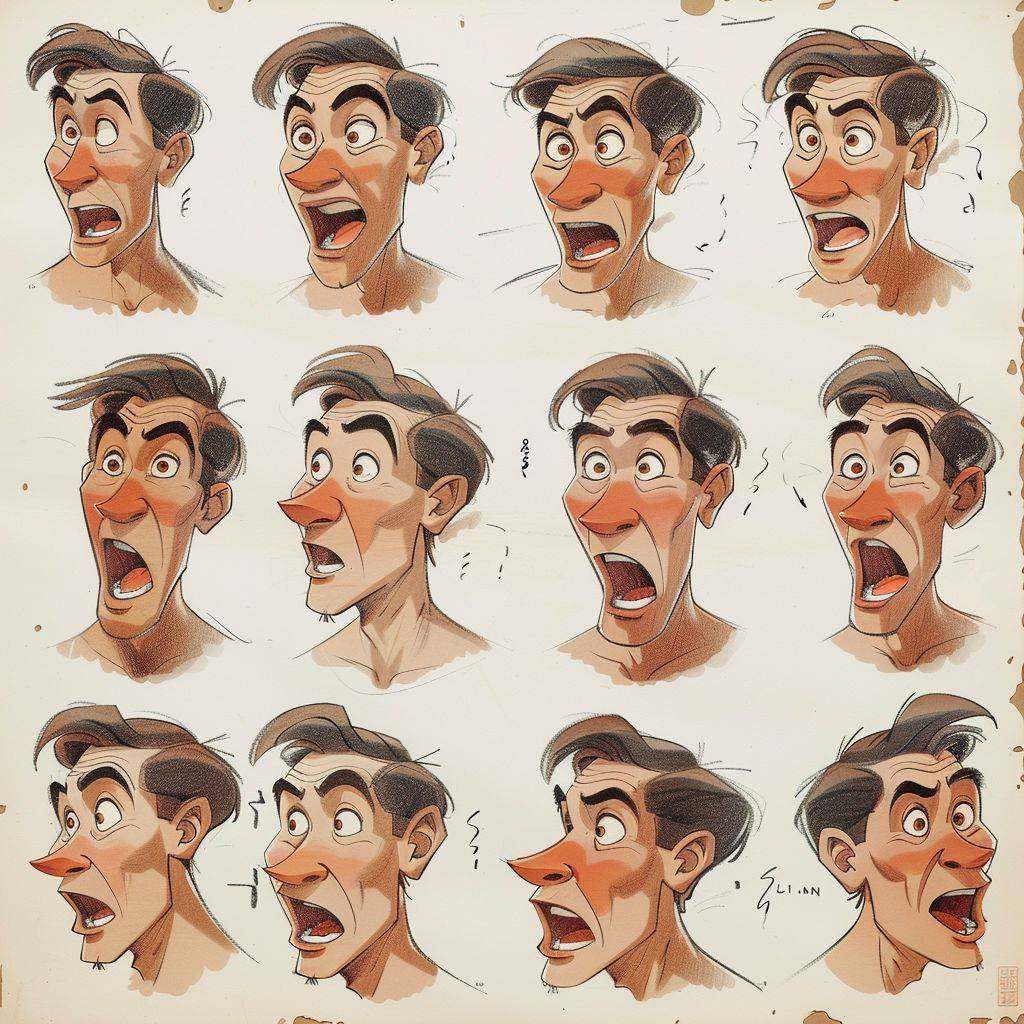 A character sheet of different facial expressions for [character description], vintage Disney animation, white background, cartoon, pencil sketch, concept art, [color(s)] colour palette, character design sheet, character illustration sheet, concept drawing