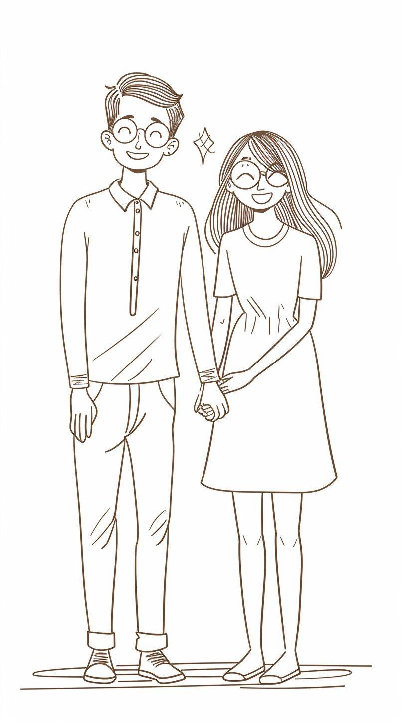 Hand-drawn simple line illustration of a couple. The man is short, and the woman is tall. They hold hands and smile. The man has short dark hair and glasses. The woman has long blonde hair, cute, adorable, and minimalistic.