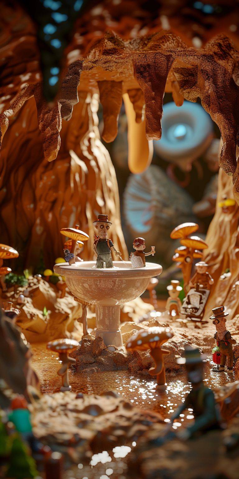 In a cave clay world, with a giant toilet in the background and several small people flushing the toilet below, miniature landscape, Pixar animation style world, movie posters, surrealist style, fantasy scenes 3D,Blender, C4D,OC Render, ultra realistic rendering details, high quality, masterpiece, 8K -ar 1:2