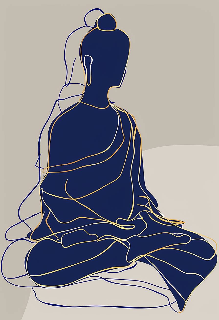 Simple line drawing of a Buddha in blue and white, simple line art in the style of minimalism, clipart on a light grey background