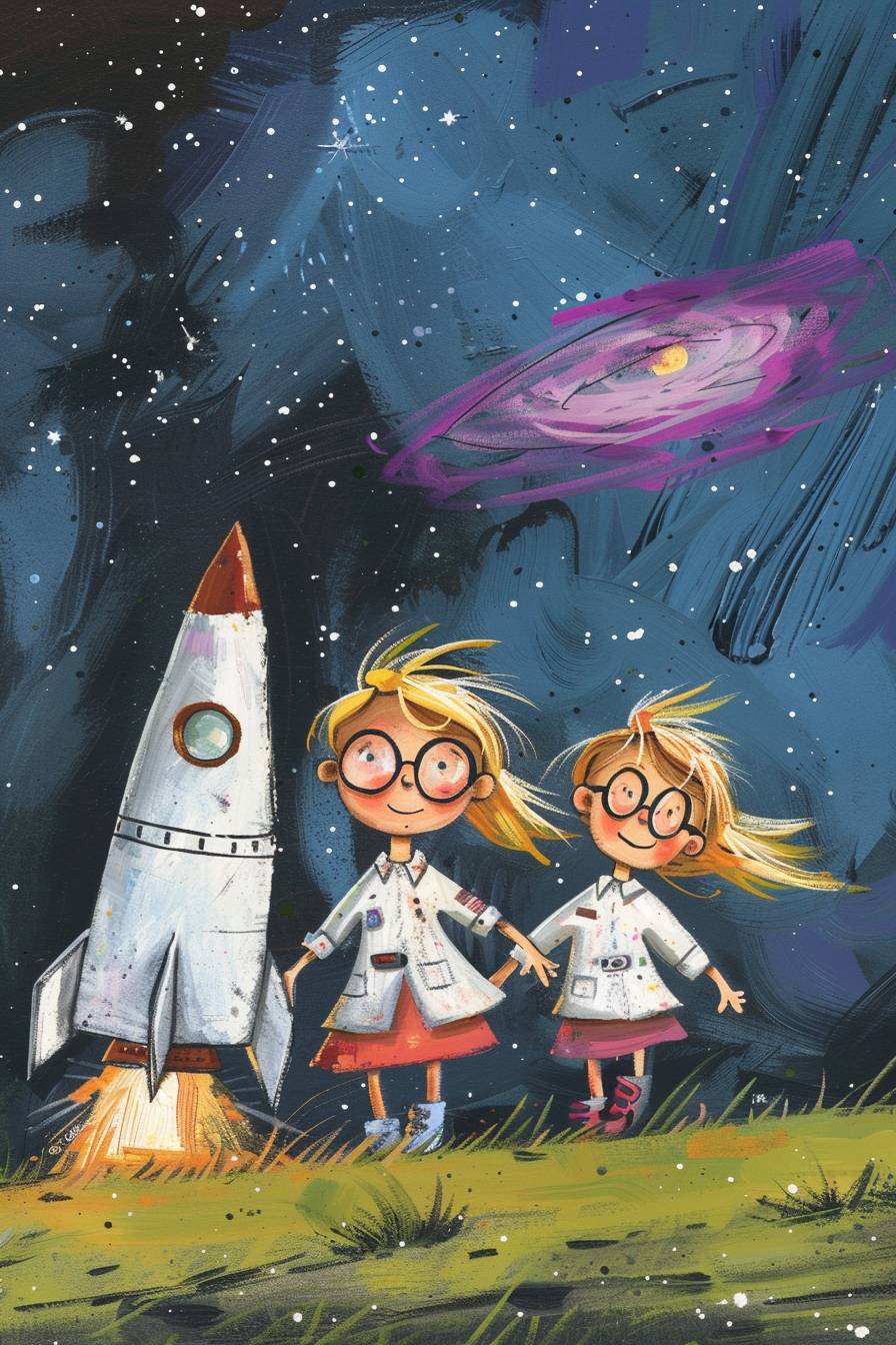 Christopher Deniseによる挿絵入り絵本、3人の愛らしい金髪の姉妹、最も年上の姉は黒縁のメガネをかけ、中間の姉は白い白衣を着ており、最も年少の妹はふっくらした頬を持つ乳幼児で、草地に自家製のロケット船に登り、青い空を仰ぎ見、黒い星空の方を見上げている。遠くには劇的な紫色の星雲が見える。ミニマリストのアートスタイル、余白、太い筆触、強いコントラスト、鮮やかな色