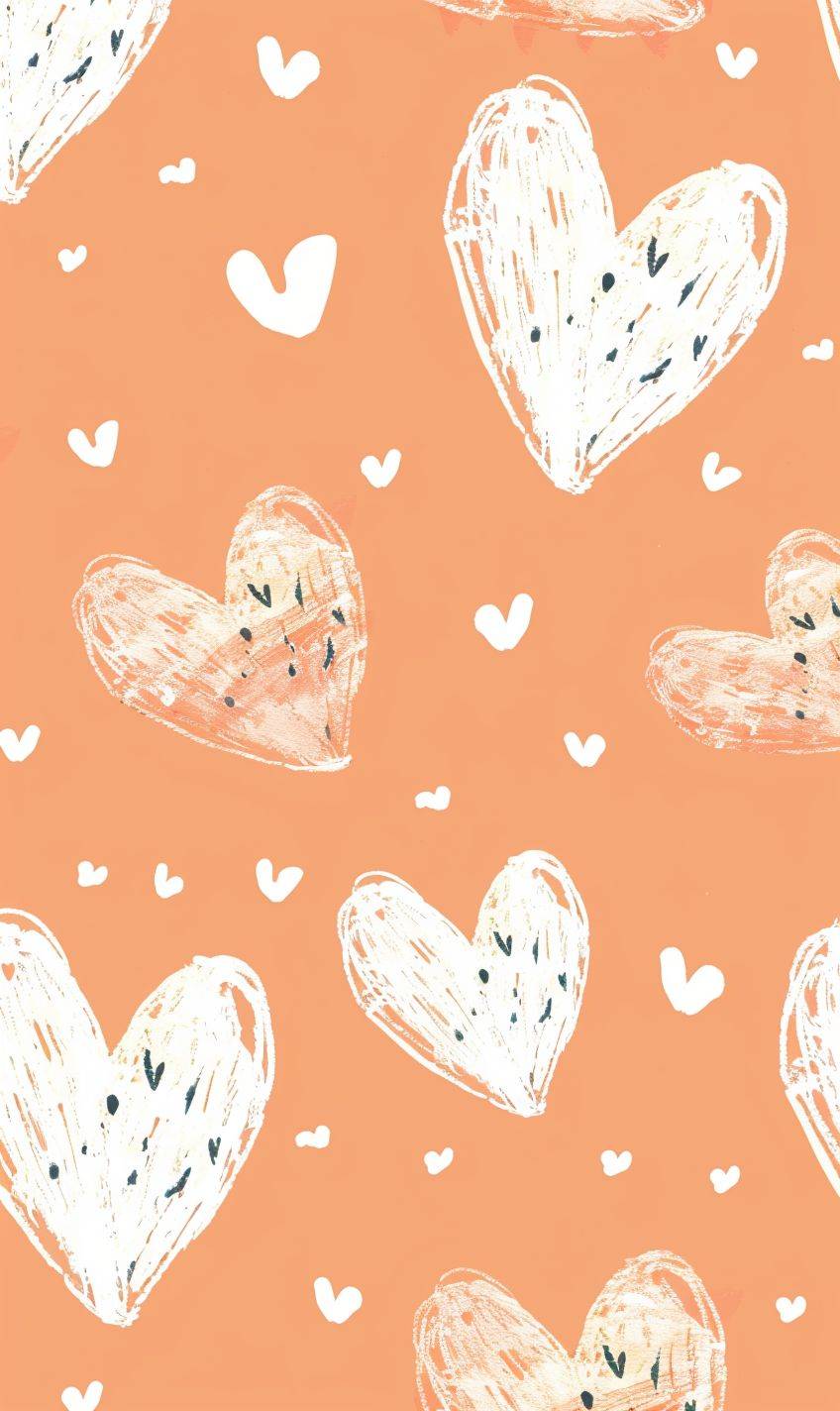 White hand drawn hearts on a peach background seamless pattern, with simple shapes in a minimalistic design. Cute pastel colors in the digital art style.