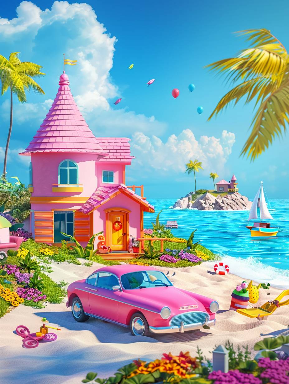 Game design, UI interface, cartoon style game scene with a yacht and car on the beach in front of a villa house, next to it is an island full of toys and dolls, pink walls and roof, blue sky, colorful flowers around the yard, a boat floating at sea behind, Pixar mobile games, cartoon style, bright colors, 3D rendering, high resolution, high detail, high quality, in the style of Pixar.