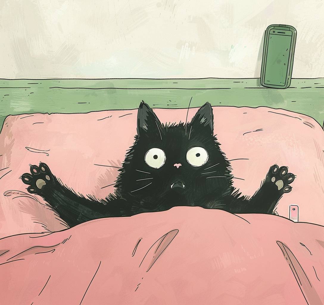 黒猫がピンクのベッドの上に横たわり、お腹を上に向け、2つの足を上げて目を見開いているかのように幸せそうに遊んでいます。背景には、胸の高さに垂直に配置された古い緑色の携帯電話と、その前にある白い壁が特徴となっています。それは柔らかいライン、シンプルな色彩、手描きのスタイルを備え、スタジオジブリのスタイルで描かれ、子供向けの本用にデザインされています。