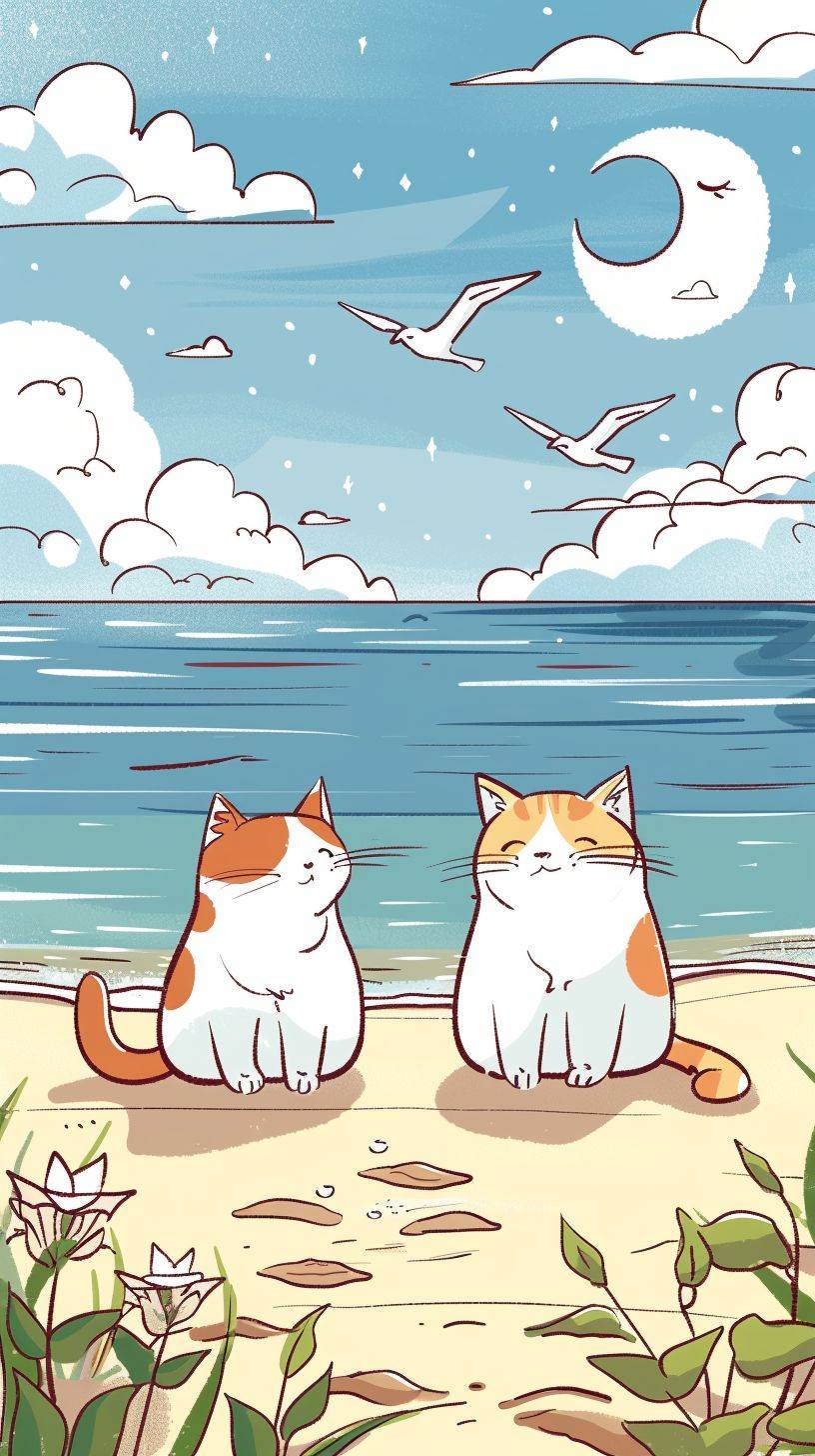 A cartoon beach scene depicts two cats sitting on the shore, overlooking calm waters and distant clouds under a clear blue sky. The background features sandy beaches and greenery rendered in soft pastel colors. A minimalist style highlights the simple lines of the cute characters against the tranquil backdrop of sea and sky in the style of a minimalist artist.