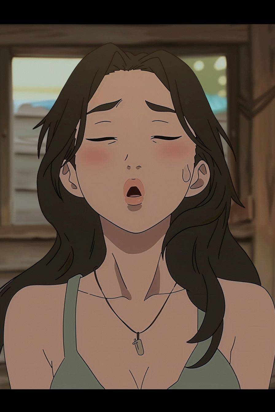 2019 animated DVD screengrab, a beautiful woman face as she does yoga, tired expression, close up shot, 2d animation, hand drawn, Hayao Miyazaki style, vibrant, detailed