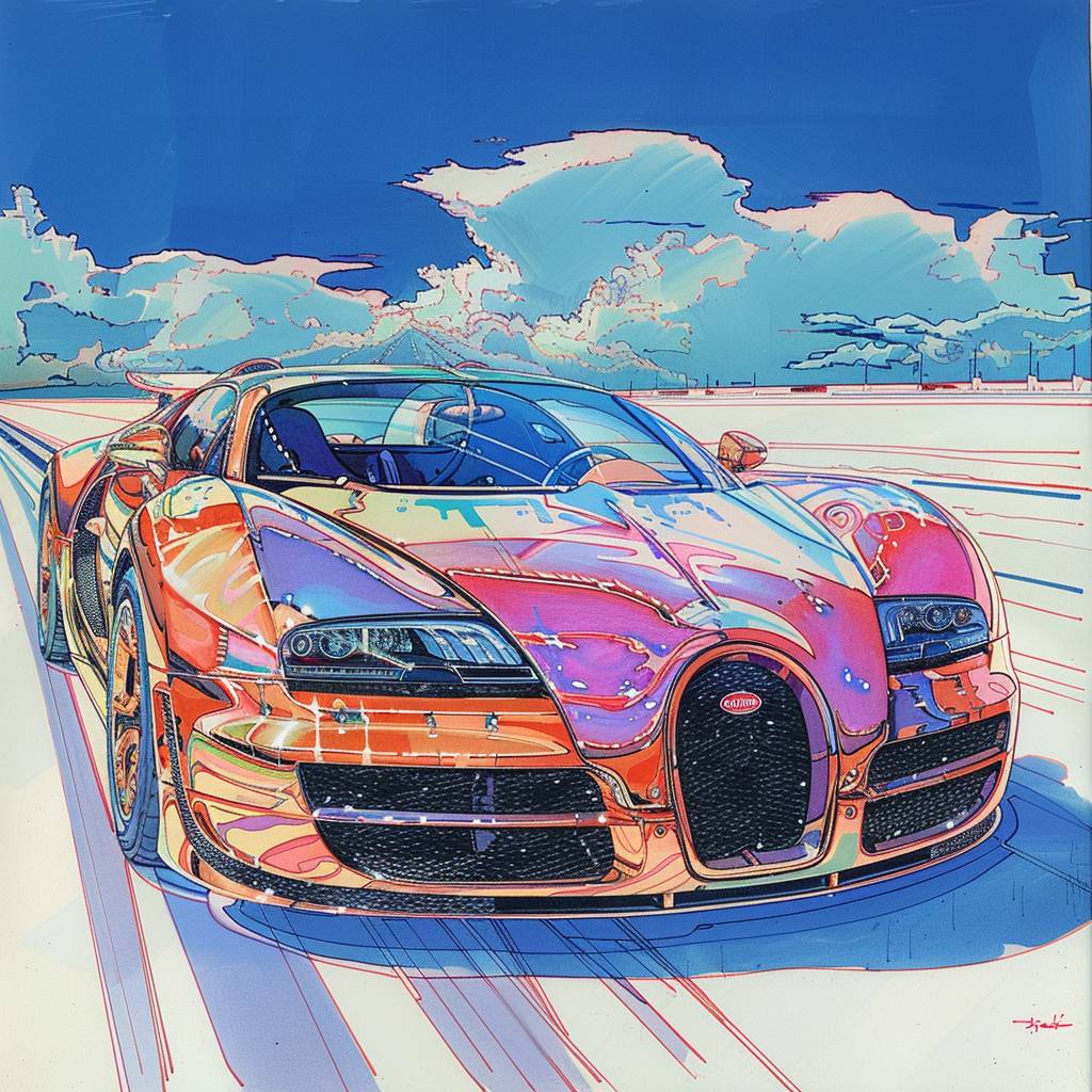 A detailed technical drawing of the Bugatti Veyron with race car livery, on a white paper background, blue sky, pastel colors, in the style of Katsuhiro Otomo and Jean Giraud, ultra detailed, wide angle shot.