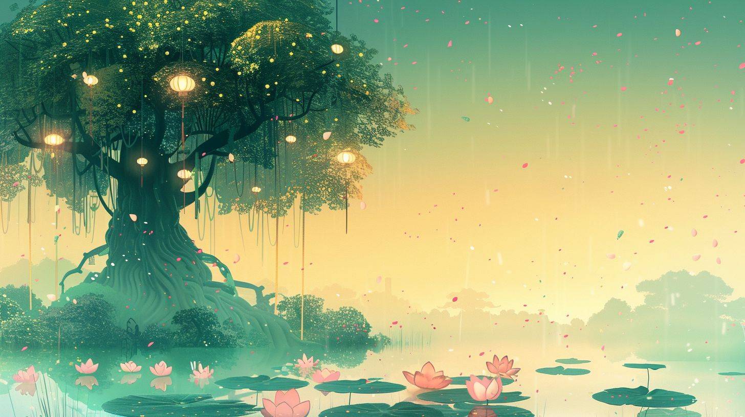 A Chinese style landscape painting of an ancient tree with lotus flowers and lanterns hanging on it, surrounded by water lilies in the pond below. The sky is a light blue and yellow gradient, with pink raindrops falling from above. It features soft colors, traditional animation techniques, flat illustrations, high definition, and a distant view. A fantasy scene with an ethereal and dreamy atmosphere.