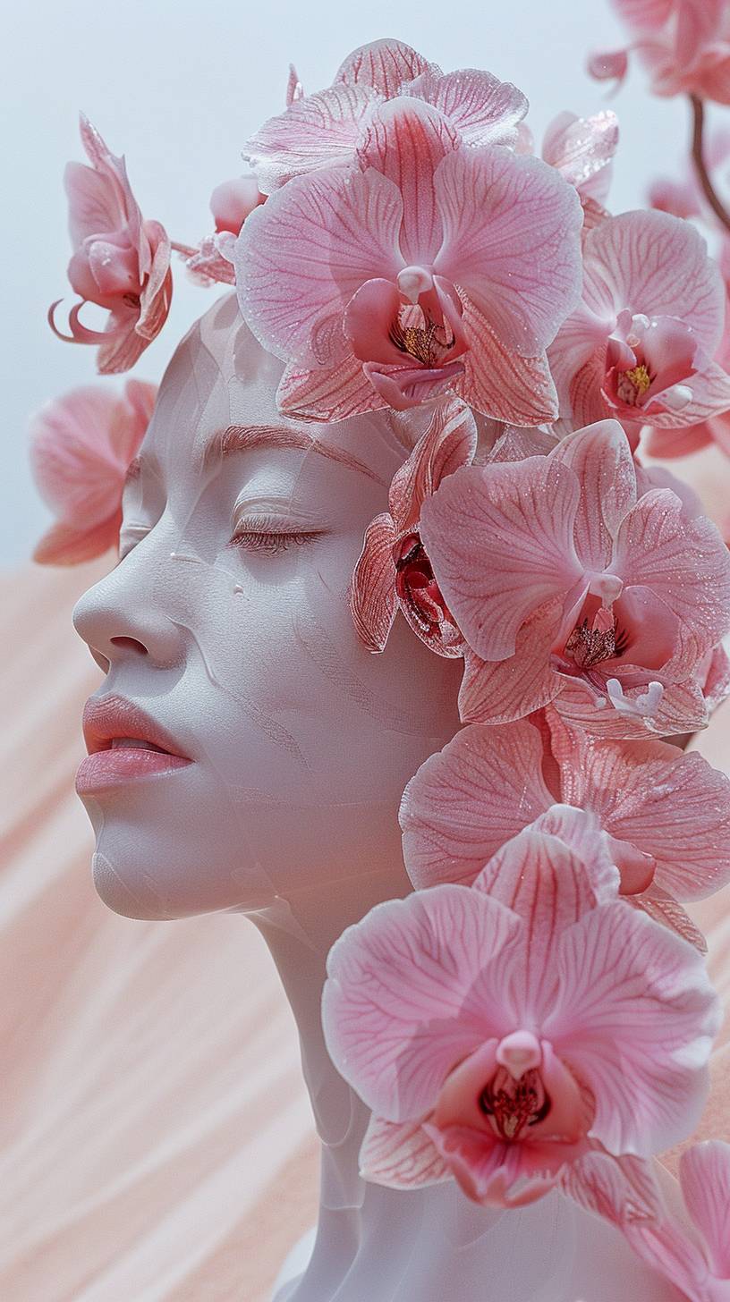 A woman growing out of an orchid, on top of a pale pink sand dune --ar 9:16 --stylize 750 --v 6.0