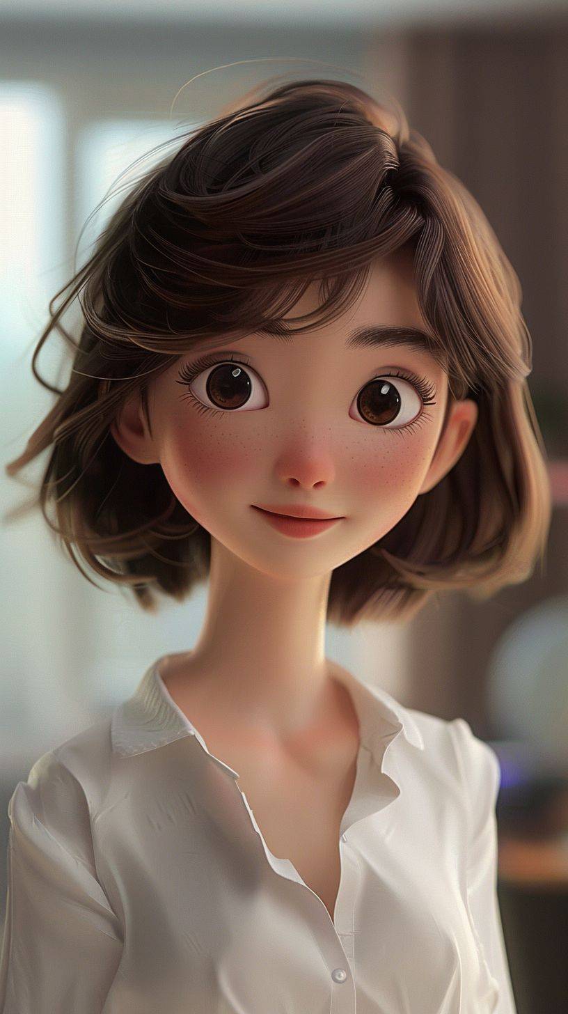 3D cartoon of an adorable Chinese girl with short, wavy brown hair and big eyes in the style of Pixar animation. She has soft features on her face, wearing a white blouse, smiling softly at the camera, showcasing a playful yet elegant aesthetic.