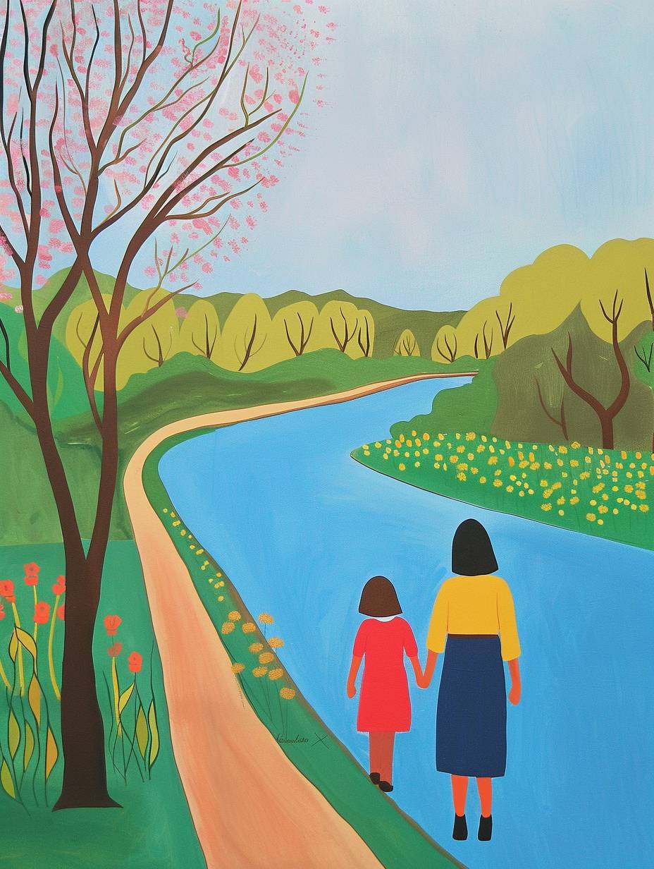 A ten years old girl and her mum are walking beside the river in Spring, by Joan Cornella.