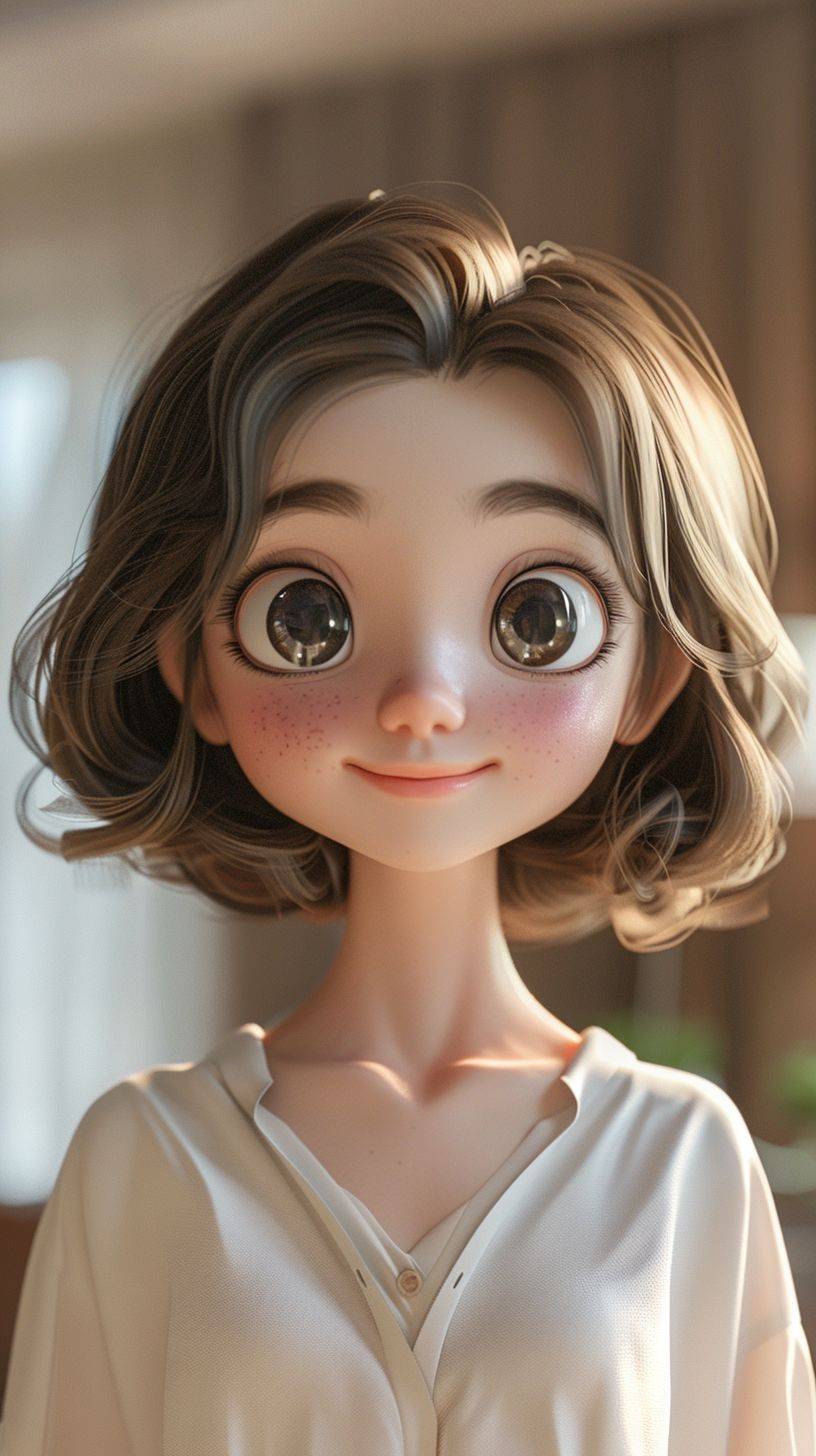 3Dアニメーションで、かわいらしい中国の少女が登場。短く波打つ茶色の髪と大きな目が特徴で、ピクサーのようなスタイル。柔らかい顔立ちで、白いブラウスを着て、カメラに優しく微笑みかけ、遊び心と優雅な美しさを見せています。