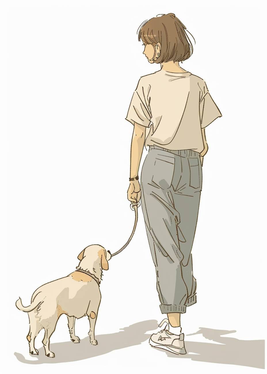 A girl with short hair, wearing simple off-white sportswear, walking with her dog outdoors, simple painting style, simple lines, simple details, full body portrait, white background, minimalist art style, graffiti art, flat illustration, cartoon character design, simple coloring, simple line drawing, vector graphics, 2D illustration, front view, full body shot.