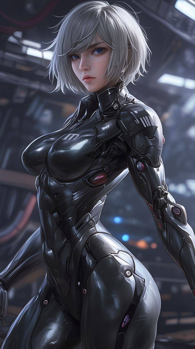 A beautiful anime girl with short silver hair and blue eyes stands in the city of Mars looking at me. She wears an advanced battle suit and her full body is visible. In the style of anime, with ultra detail, full color, high resolution, high detail, high quality, high definition, high sharpness, high contrast. It is a masterpiece with high dynamic range, appearing hyperrealistic, like photography or photorealism. The digital art uses octane render with volumetric light and a bright background. Cinematic lighting and vibrant colors give it a fantasy art style.