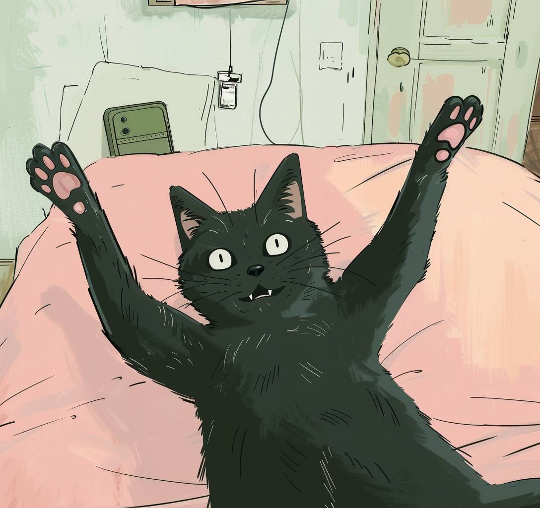 黒猫がピンクのベッドの上に横たわり、お腹を上に向け、2つの足を上げて目を見開いているかのように幸せそうに遊んでいます。背景には、胸の高さに垂直に配置された古い緑色の携帯電話と、その前にある白い壁が特徴となっています。それは柔らかいライン、シンプルな色彩、手描きのスタイルを備え、スタジオジブリのスタイルで描かれ、子供向けの本用にデザインされています。