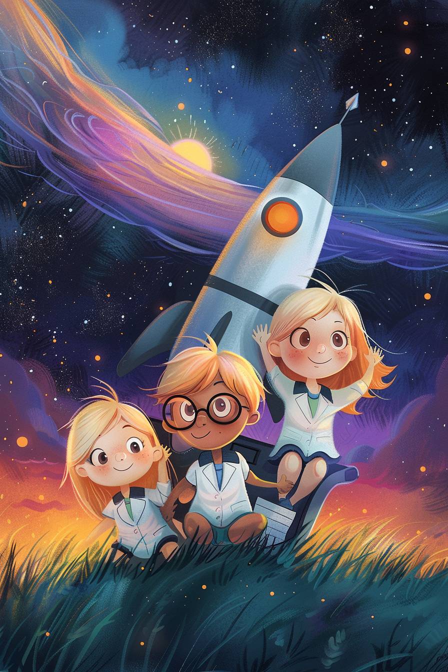 Illustrated children's storybook by Christopher Denise, three adorable blonde sisters, the oldest sister has black-rimmed glasses, the middle sister has a white lab coat, the youngest sister is a toddler with big cheeks, climbing into a homemade rocketship in a grassy field and looking up a blue sky that transitions to a black starry sky, a dramatic purple nebula is in the distance, minimalist art style, copy space, wide brush strokes, high contrast, vibrant colors