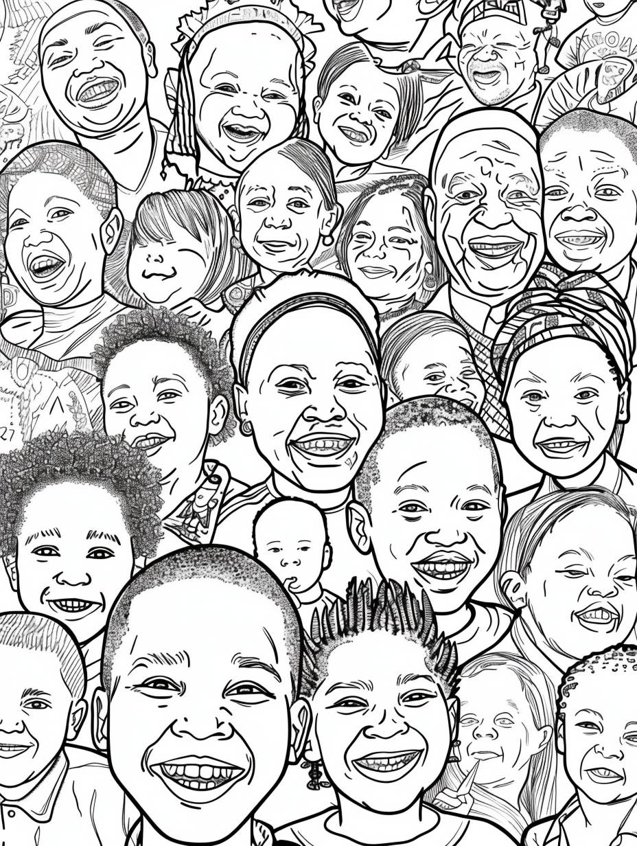 Create a white background with black drawings to make a children's coloring page. Include all imagery related to South Africa, politics, and patriotism. Include a cartoon of Nelson Mandela and other hopeful political figures in South Africa. Include children in traditional dress, the South African flag, Zulu spear, Table Mountain, election boxes, voters, and freedom imagery.