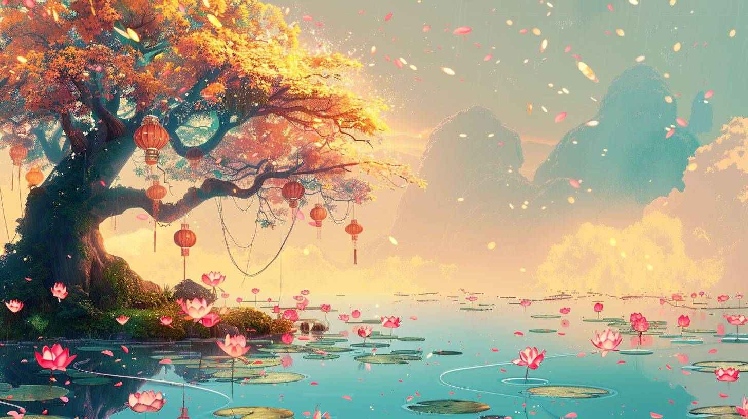 古代の木に蓮の花と提灯を飾り、池の周りには蓮の花が咲く中国風の風景画。空は青と黄のグラデーションで、ピンク色の雨粒が落ちています。柔らかな色彩、伝統的なアニメーション技法、フラットなイラスト、ハイデフィニション、遠景が特徴で、幻想的で夢幻的な雰囲気が漂っています。