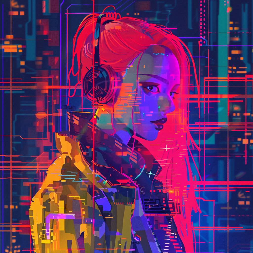 [Your character] in the style of vector art, digital art, flat design, vibrant colors, cyberpunk, digital background, fantasy, anime, pixel art, glitchy, pixelated