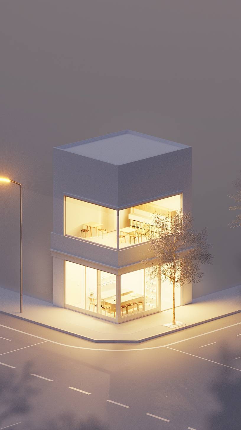 Real isometric 3D render in morning with global illumination of a store building, no colors only white with ambient occlusion and yellow lamps