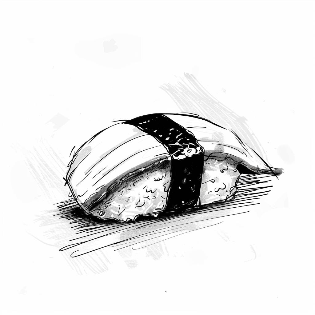 Black and white line sketch of a sushi on a white background, in a fashion design drawing style, with white skin, simple drawing style, simple lines, minimalism, watercolor, white background --v 6.0