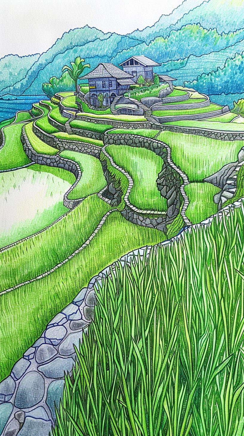 Drawing rice fields in terrasses in the Philippines. Line drawing, clean clear lines, coloring book style, bright colors, intricate details, elegant, discreet, serene, magical, peaceful, fine detail, pastel pencils, Winsor McCay style.