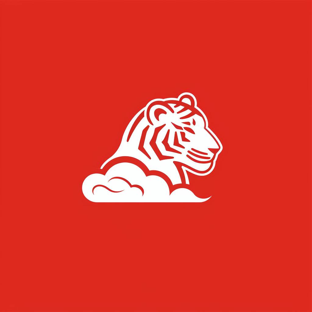 Minimal line logo of tiger head and cloud, vector, flat, famous on Dribble, Behance, Pinterest, award-winning, white and red