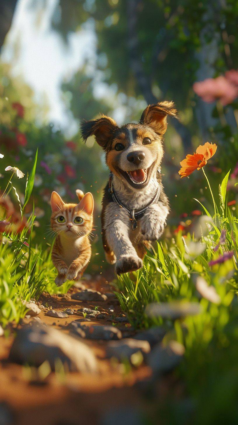 Image of a cute, chubby dog and cat playing and chasing each other on a beautiful farm, lush greenery, 3D animated image