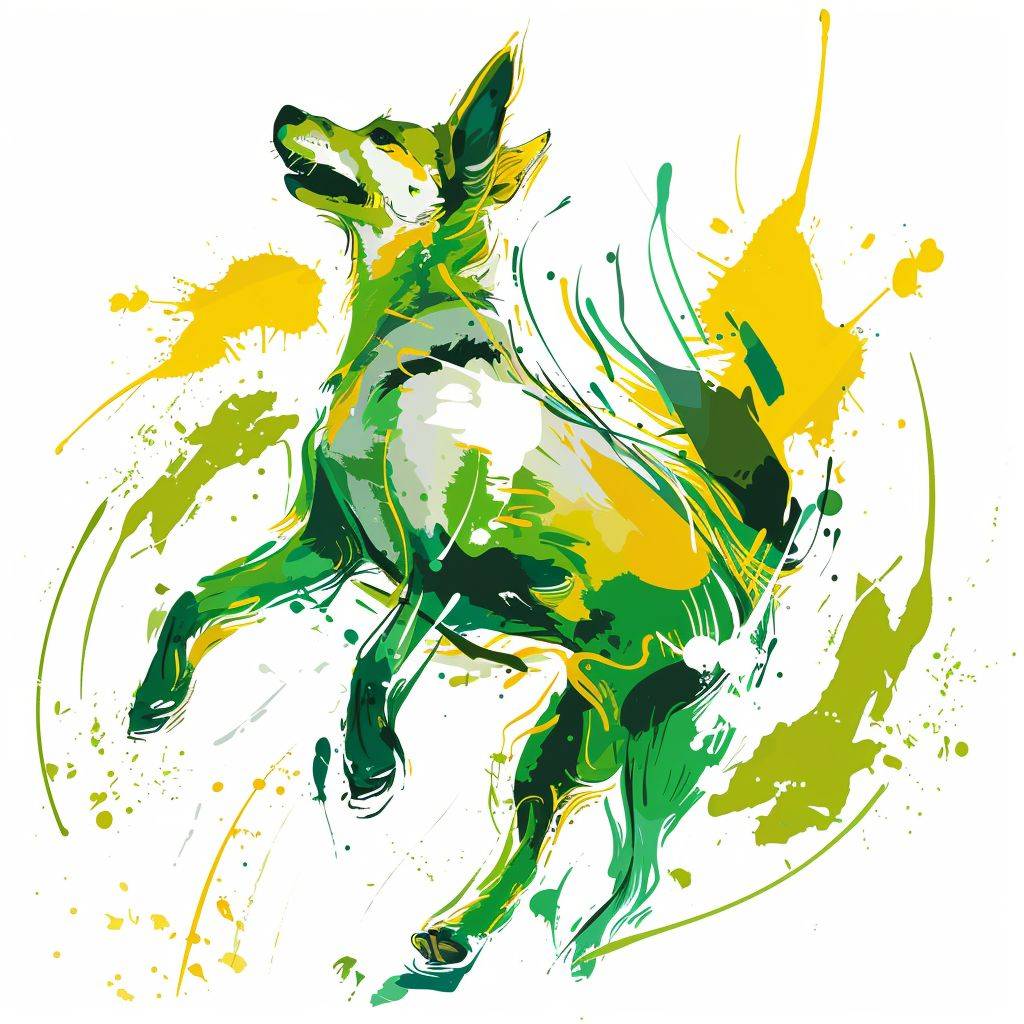 ダイナミックなポーズを取ったシンプルなラインアートの犬、活気のある緑と黄色、遊び心溢れるカラースプラッシュ、喜びに満ちた雰囲気、ベクターイラスト、孤立した図形、白い背景