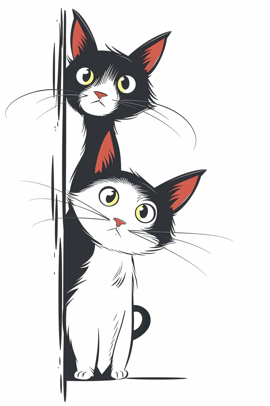 Simple lineart cartoon cats, looking out from around the corner of the wall on a white background --ar 2:3