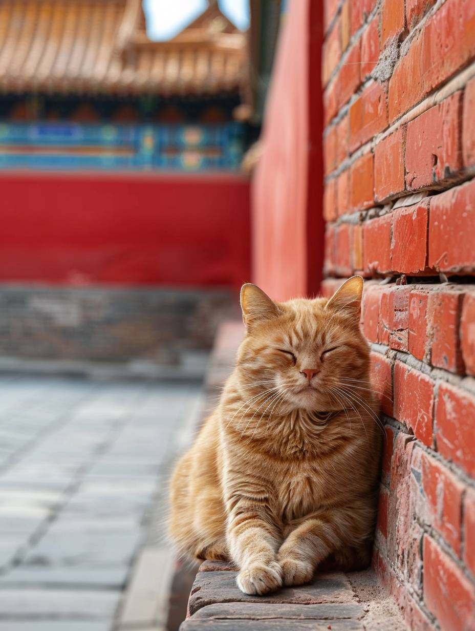 正面撮影、ペット写真、シャオロンチョン、太ったオレンジの猫が寝そべっている様子、頭を傾けて、ボールのように太って、背景に赤い宮殿の壁の上に、フカフカ、とてもかわいい、シンプルな青空、新しい中国風、中国のシンプルで禅風スタイル、エレガントでレトロ