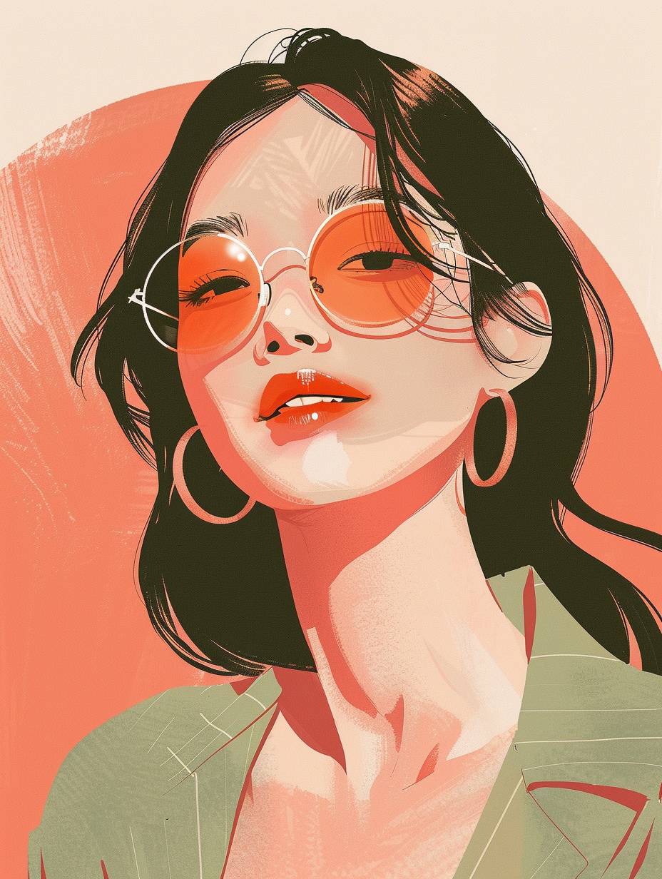 Illustration of a Korean young lady in the style of the 60s, minimalism, smiling