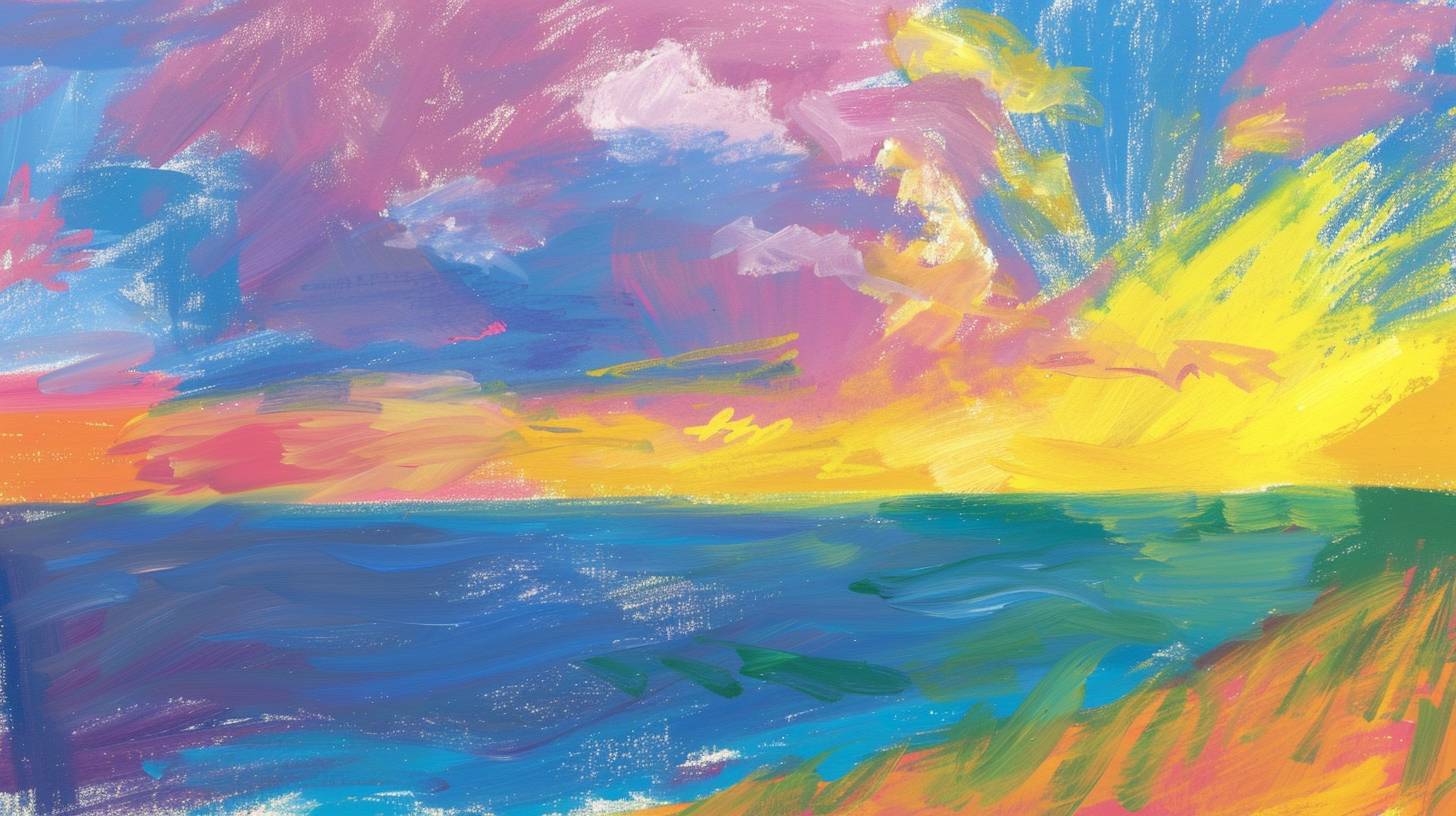 クリーン、ミニマリズム、整然とした反復、対称性、Henri Matisse風のスタイルで、海の上に雲が広がるパステル画、黄色と青い空、鮮やかなカラー、黄色、緑、紫、ピンク、オレンジ（OpenAIスタイル）