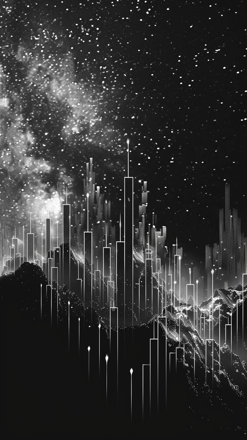 In the night sky, each star is composed of financial data, and the constellation patterns are various stock market indices, distant view, poetic, black and gray tones, retro style, fill color in black and white, black and gray background, non-realistic, slightly blurry, sharpened --ar 9:16 --stylize 250 --v 6.0