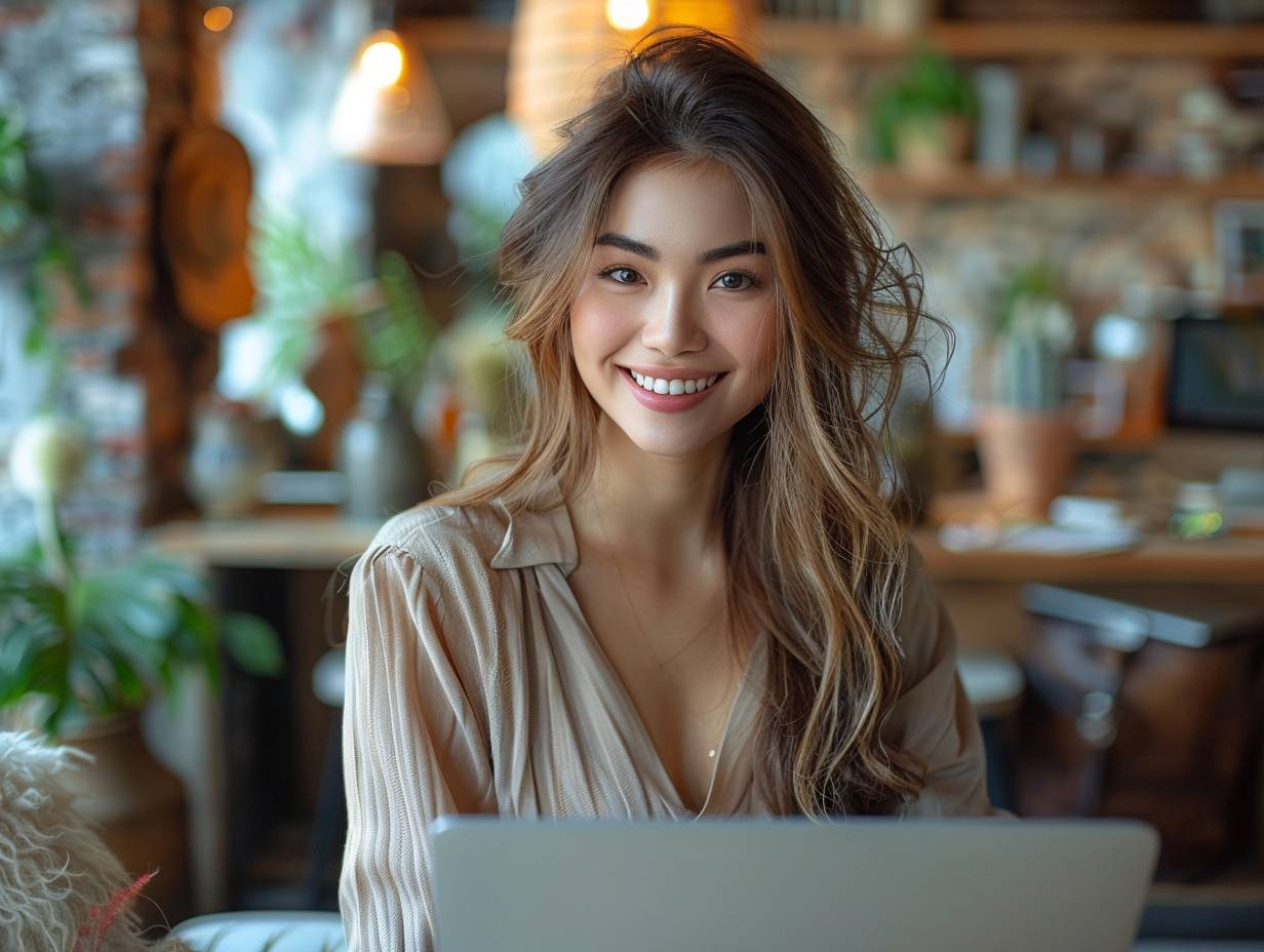 A Filipino woman in her late 20s, working as an executive assistant, dressed in office clothes, smiling brightly and working diligently on her laptop, exuding a serene and relaxed expression, with her eyes open but looking down a bit, not looking at the camera.
