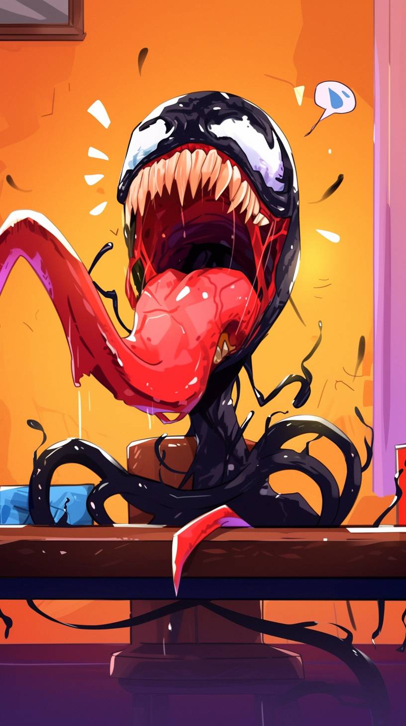 A cartoon of Venom in the style of Kenny Scharf, grotesque caricatures
