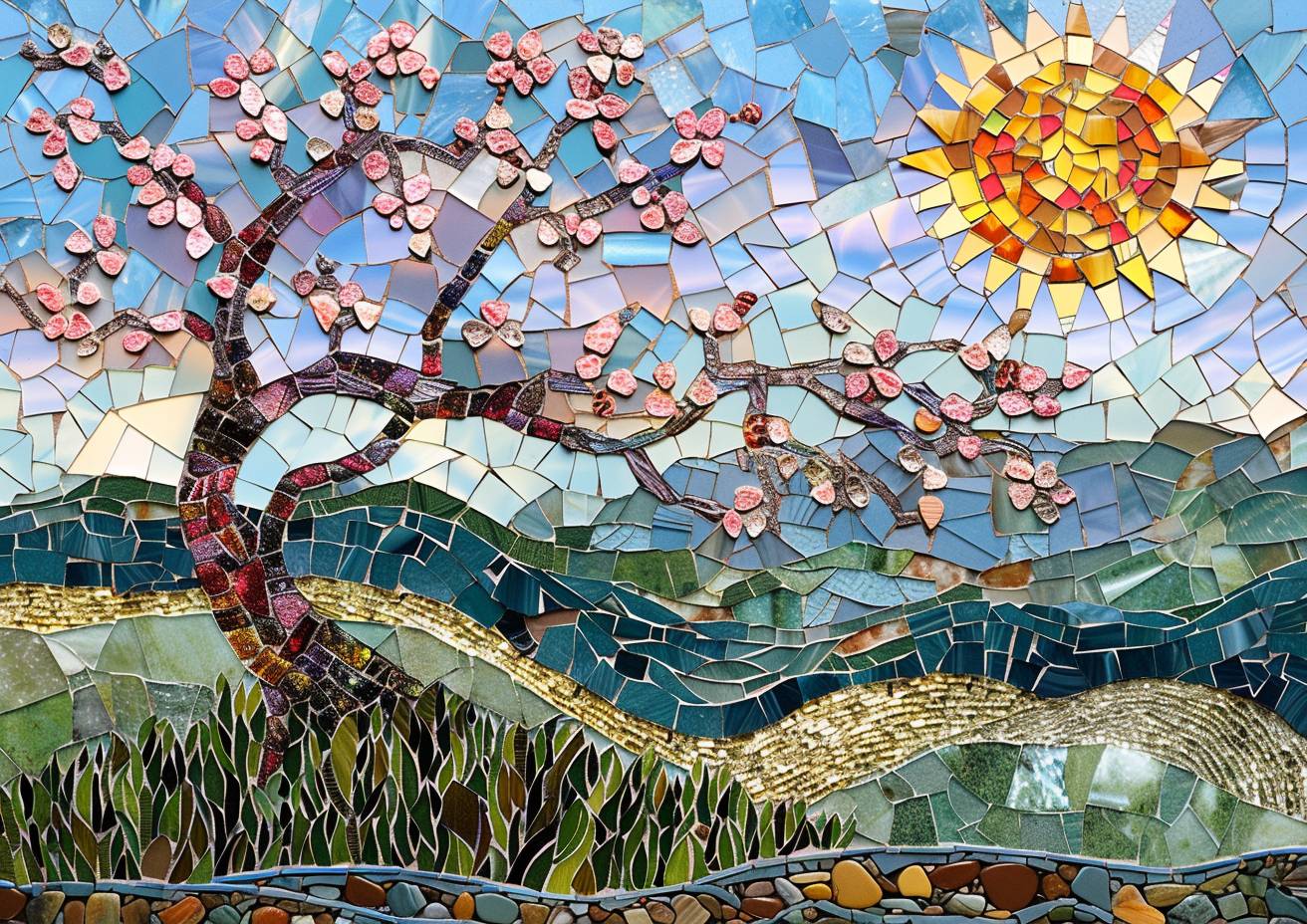 Sea glass mosaic, intricate detail, cherry tree, rolling hills, sunshine