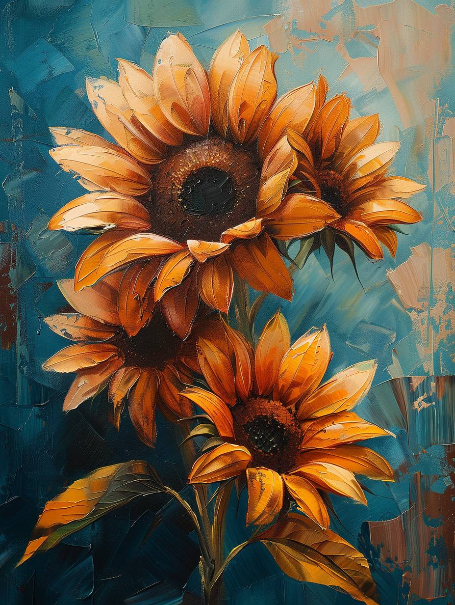 Oil painting, 3 sunflowers in the wind, the sensation of bold brushstrokes, color palette #464034, color palette #E49E26, color palette #D0B782, color palette #D0B782, color palette #D0B782, French romanticism paintings --ar 3:4 --stylize 750 --v 6.0