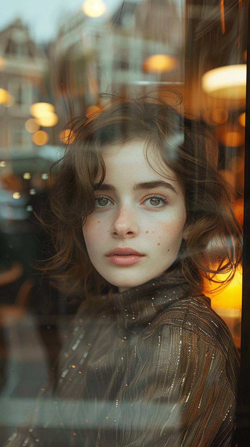 Medium shot of an attractive French girl in a modern city cafe on our first date, wearing a Sequin Dress, with brunette hair and a casual smirk, with reflections of another person walking by through a window. Shot in 2023 in the style of Vivian Maier. Captured candidly with a 30mm lens, aiming for minimalism, moody, modern, and cinematic realism. Eye Level Shot taken with a Hasselblad 30mm lens and Kodak Ektar 100 film. Not in black and white, aspect ratio 9:16, raw style, stylize 420, version 6.0.